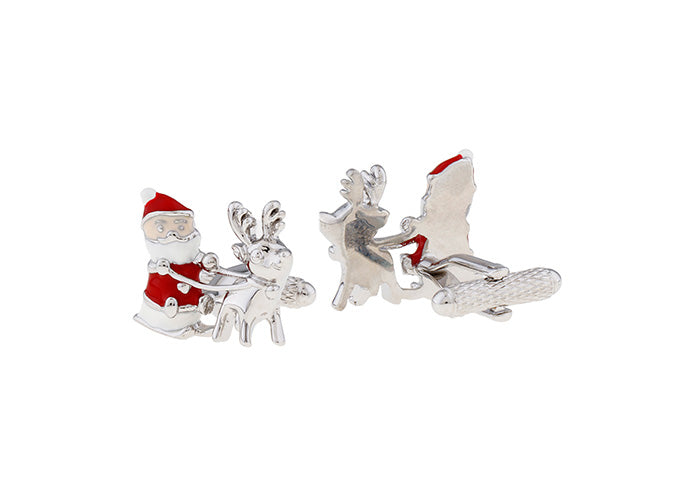 Silver Santa Claus and reindeer cufflinks on a white background