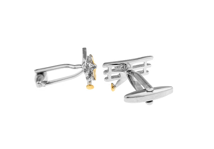 Back side pair of gold-colored cufflinks shaped like a triplane airplane, with a rhodium-plated base metal.