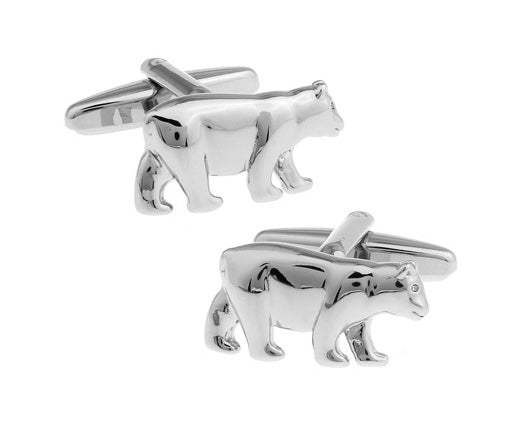 Silver bear-shaped cufflinks on a white background