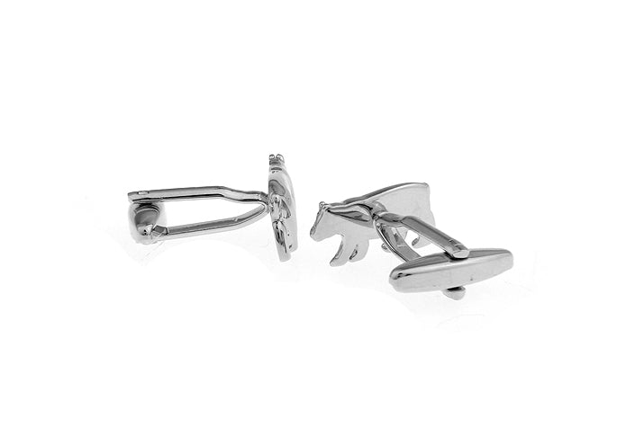 Silver horse-shaped cufflinks on a white background
