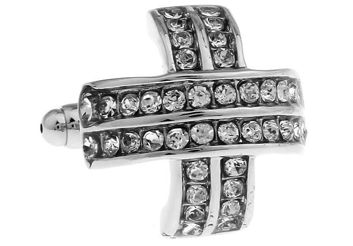 Rhinestones Folding Cross Cufflinks Forty Four Crystals in the Design Silver Rhodium Cuff Links
