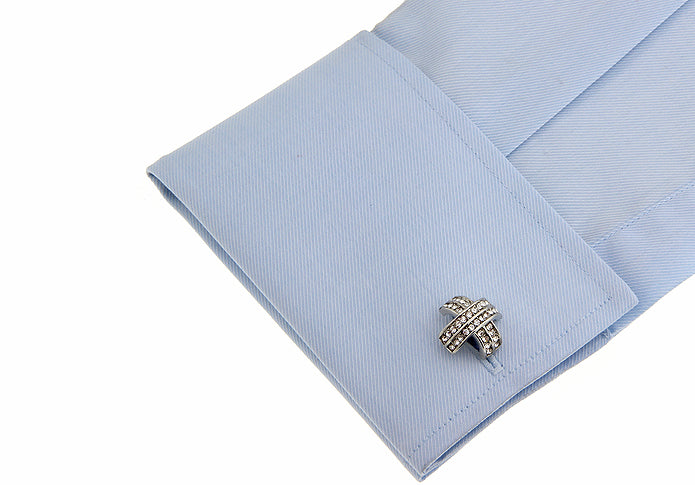 Rhinestones Folding Cross Cufflinks Forty Four Crystals in the Design Silver Rhodium Cuff Links
