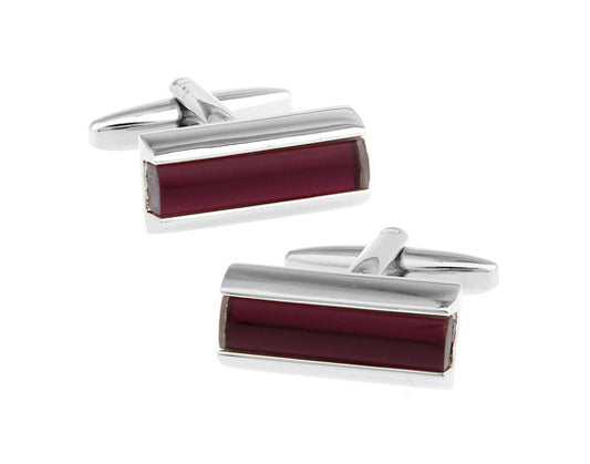 JayPins Burgundy Glass Bar Cufflinks – rectangular silver cufflinks with deep burgundy glass inlay, designed for modern formalwear and luxury men’s fashion.