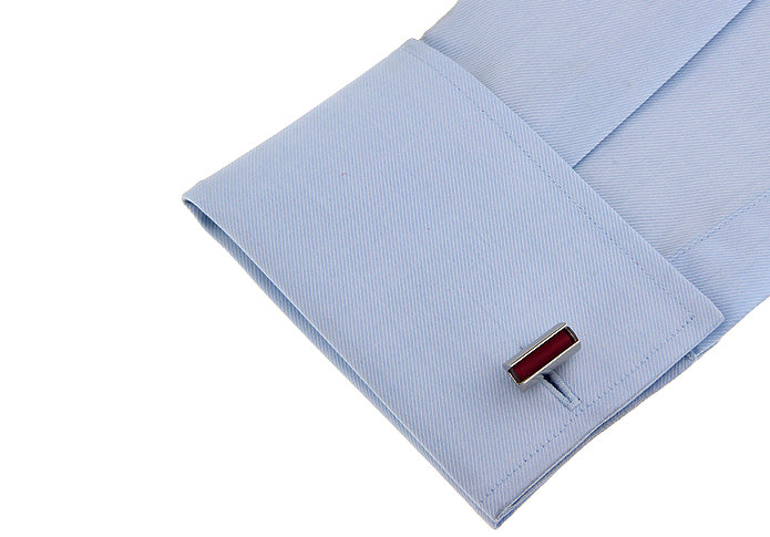 JayPins Burgundy Glass Bar Cufflinks – rectangular silver cufflinks with deep burgundy glass inlay, designed for modern formalwear and luxury men’s fashion.