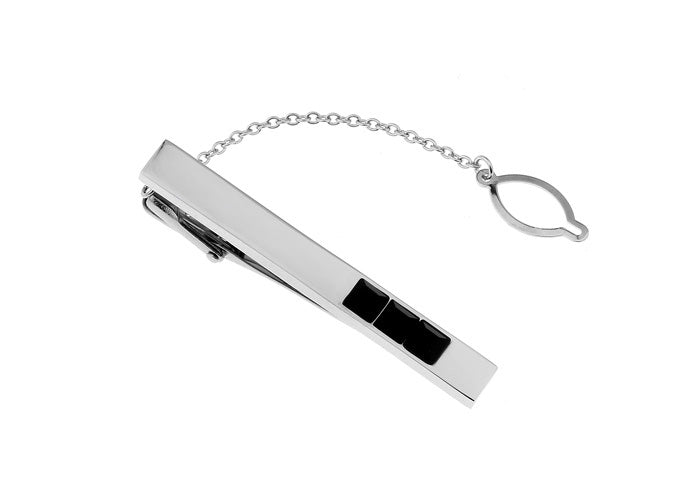 Three Big Black Crystals Tie Clip Silver Rhodium Platting Silver Three Black Marching Crystals Tie Bar Wedding Tie Clip with Button Chain