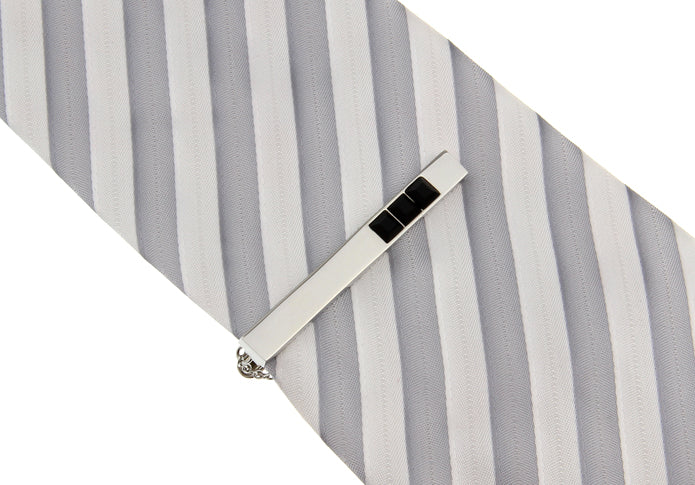 Three Big Black Crystals Tie Clip Silver Rhodium Platting Silver Three Black Marching Crystals Tie Bar Wedding Tie Clip with Button Chain