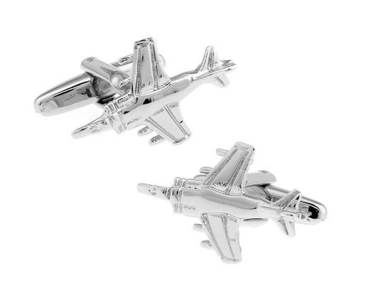 A pair of silver rhodium-plated fighter jet cufflinks with a detailed design of a harrier jump jet.