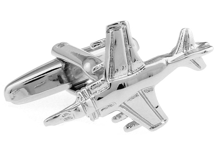 close up silver rhodium-plated fighter jet cufflinks with a detailed design of a harrier jump jet.