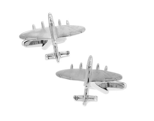 A pair of silver rhodium plated cufflinks designed to resemble a WWII British bomber aircraft, the Lancaster Bomber.