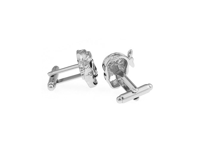 Pirate Skull Cufflinks Silver Rhodium Platting with Black Enamel Pirate Cosplay Caribbean Pirates Cuff Links