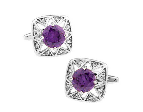 Cufflinks Amethyst Star Burst Center Stone Cut Purple Crystal Royal Crown Crystal Trim Personalized Wedding Cufflinks Groomsman Gift