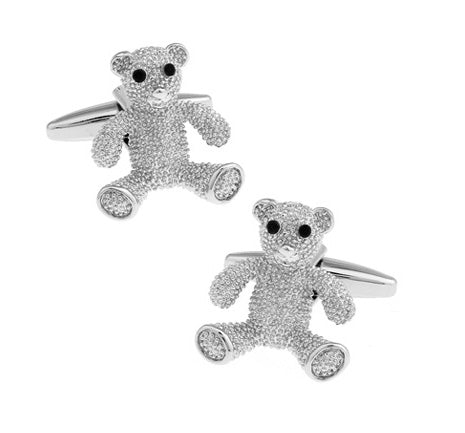 Teddy Bear Cufflinks Bear Silver with Black Enamel Eyes Cuff Links