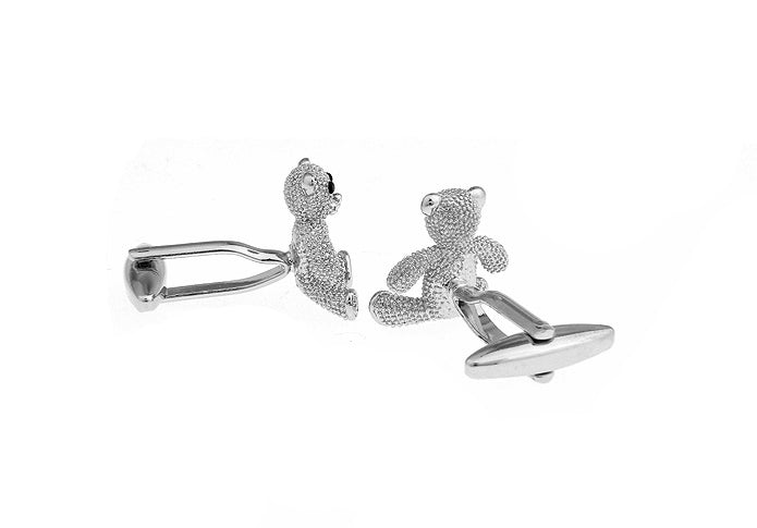 Teddy Bear Cufflinks Bear Silver with Black Enamel Eyes Cuff Links