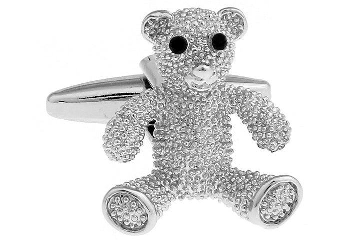Teddy Bear Cufflinks Bear Silver with Black Enamel Eyes Cuff Links