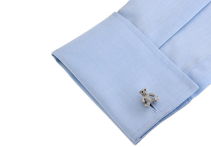 Teddy Bear Cufflinks Bear Silver with Black Enamel Eyes Cuff Links