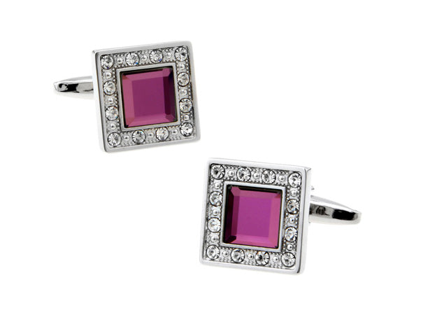 Cufflinks Purple Agate Cut Design Silver Tone Band with Sea Of Clear Crystals Border Personalized Cufflinks Wedding Cufflinks Groomsman Gift