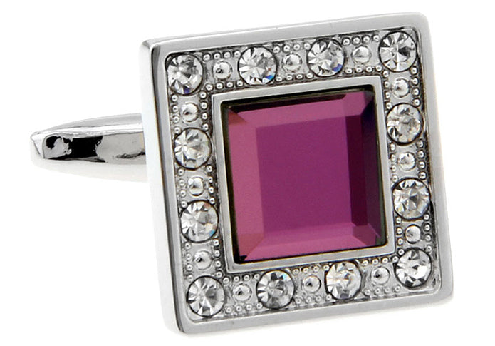 Cufflinks Purple Agate Cut Design Silver Tone Band with Sea Of Clear Crystals Border Personalized Cufflinks Wedding Cufflinks Groomsman Gift