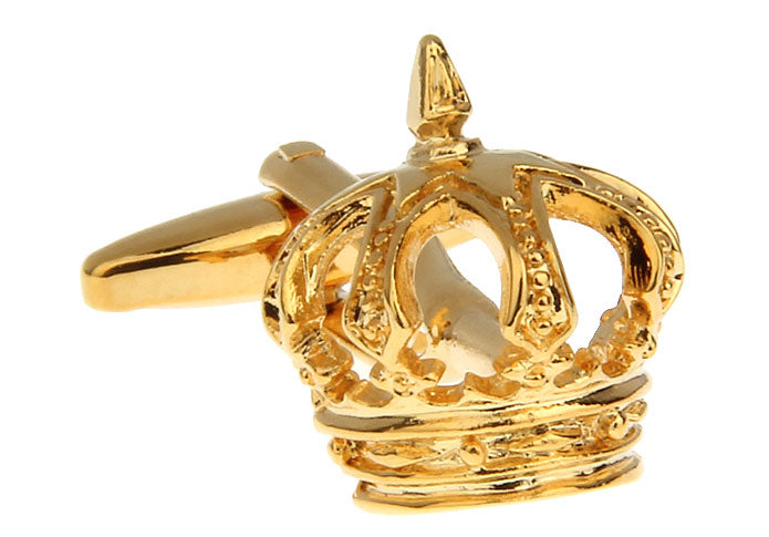 Gold crown-shaped cufflinks on a white background