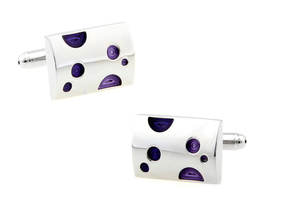 JayPins Silver cufflinks with deep purple circular and semicircle enamel accents on a reflective background — stylish, modern, and perfect for men’s formalwear.