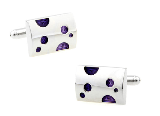 JayPins Silver cufflinks with deep purple circular and semicircle enamel accents on a reflective background — stylish, modern, and perfect for men’s formalwear.
