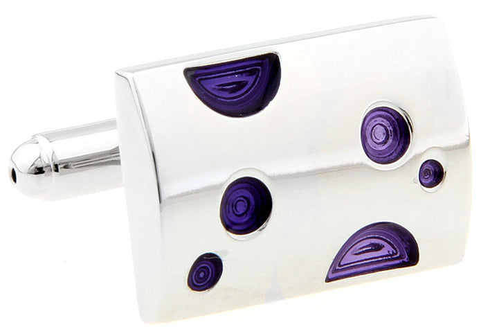 JayPins Silver cufflinks with deep purple circular and semicircle enamel accents on a reflective background — stylish, modern, and perfect for men’s formalwear.