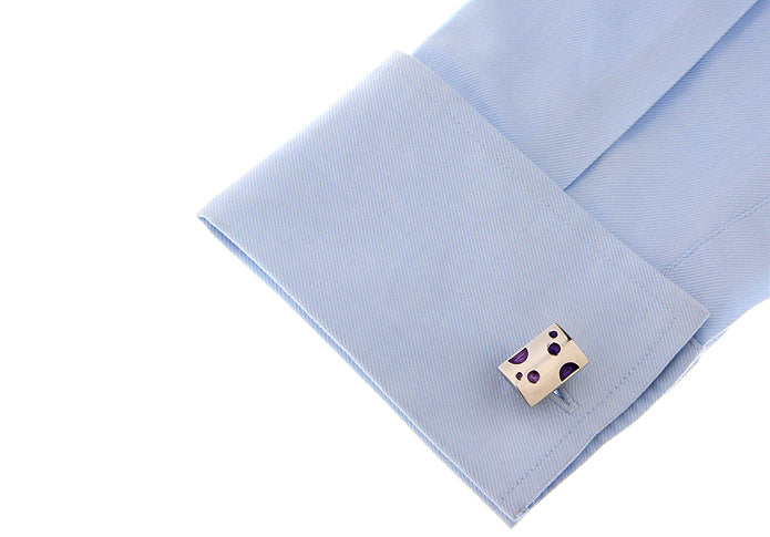 JayPins Silver cufflinks with deep purple circular and semicircle enamel accents on a reflective background — stylish, modern, and perfect for men’s formalwear.