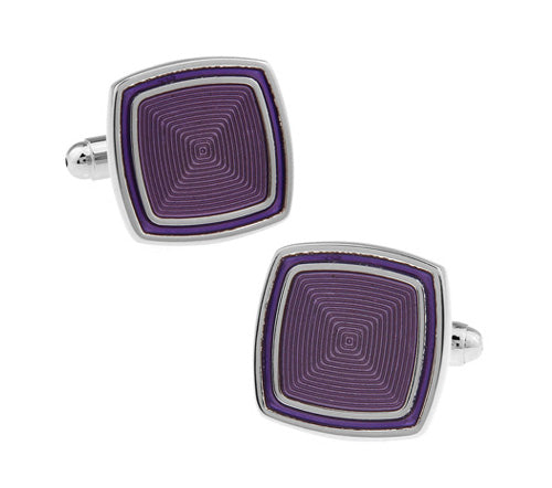 JayPins Purple Hypnotic Square Cufflinks – geometric silver cufflinks with deep purple concentric square enamel pattern, designed for modern men’s formalwear and luxury fashion.
