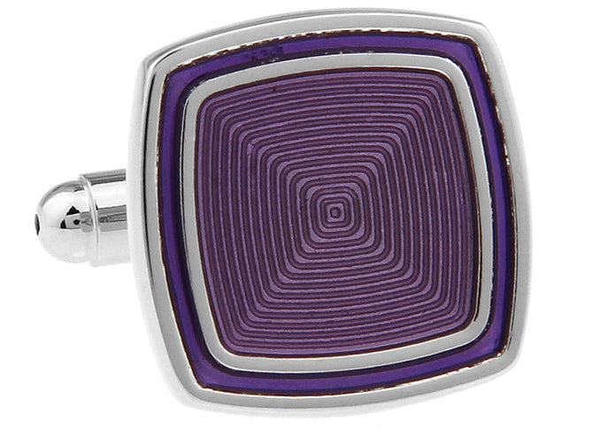JayPins Purple Hypnotic Square Cufflinks – geometric silver cufflinks with deep purple concentric square enamel pattern, designed for modern men’s formalwear and luxury fashion.