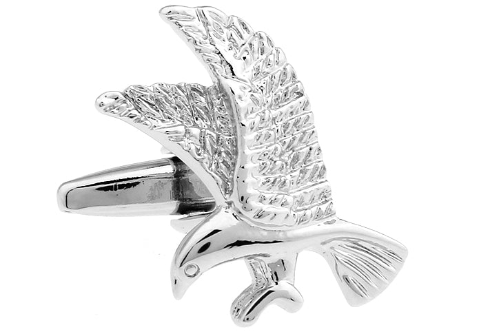 Silver feather-shaped cufflinks on a white background