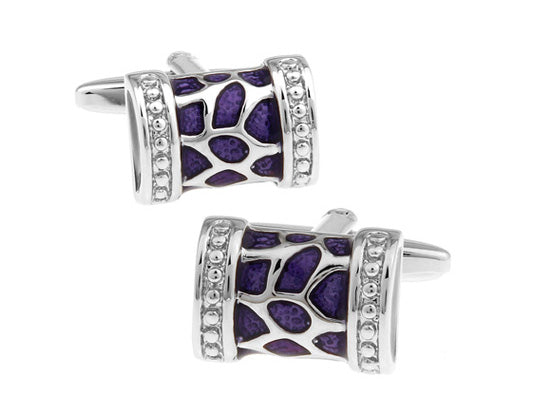 Close-up of JayPins silver barrel cufflinks with purple enamel mosaic design and crystal accents, luxury men’s accessory for formalwear.