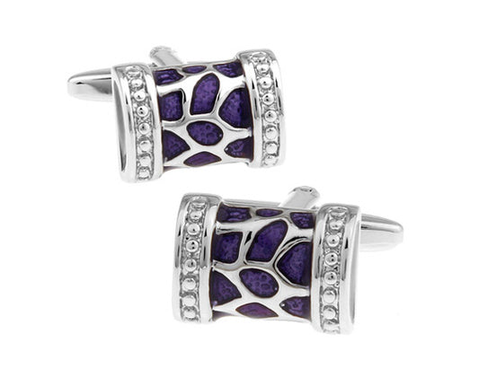 Close-up of JayPins silver barrel cufflinks with purple enamel mosaic design and crystal accents, luxury men’s accessory for formalwear.
