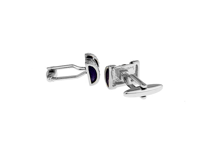 Close-up of JayPins silver barrel cufflinks with purple enamel mosaic design and crystal accents, luxury men’s accessory for formalwear.