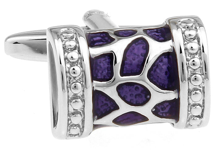 Close-up of JayPins silver barrel cufflinks with purple enamel mosaic design and crystal accents, luxury men’s accessory for formalwear.
