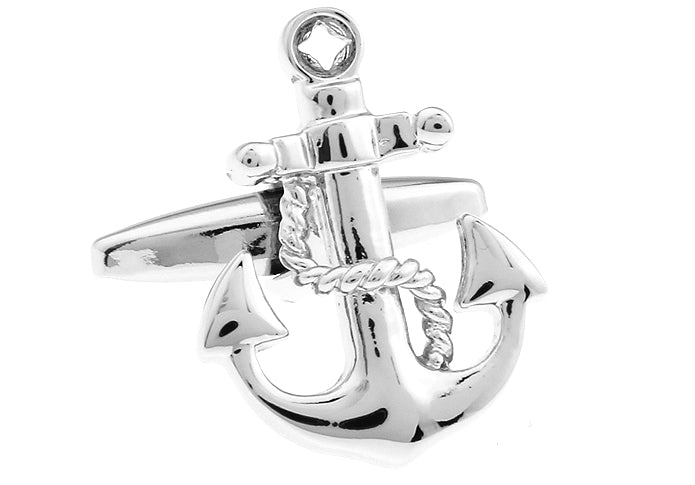 Silver anchor pendant with rope on a white background