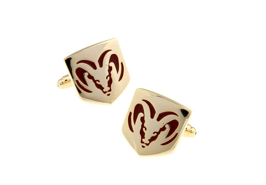 A pair of gold rhodium-plated cufflinks with red enamel Ram Truck logo.