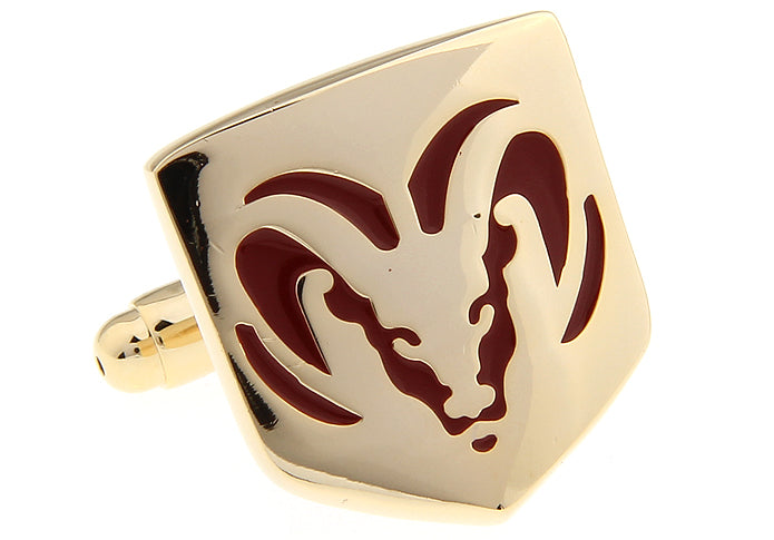 Close up gold rhodium-plated cufflinks with red enamel Ram Truck logo.