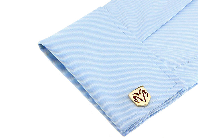Blue shirt gold rhodium-plated cufflinks with red enamel Ram Truck logo.