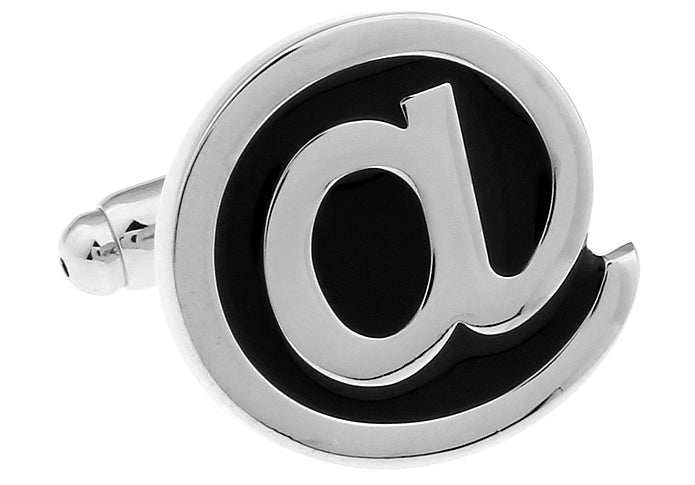 Cufflinks with an '@' symbol design on a white background