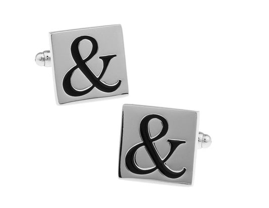 JayPins Ampersand “&” Cufflinks – square silver cufflinks with a bold black ampersand symbol, representing unity and style, displayed on a white background for men’s formal fashion.