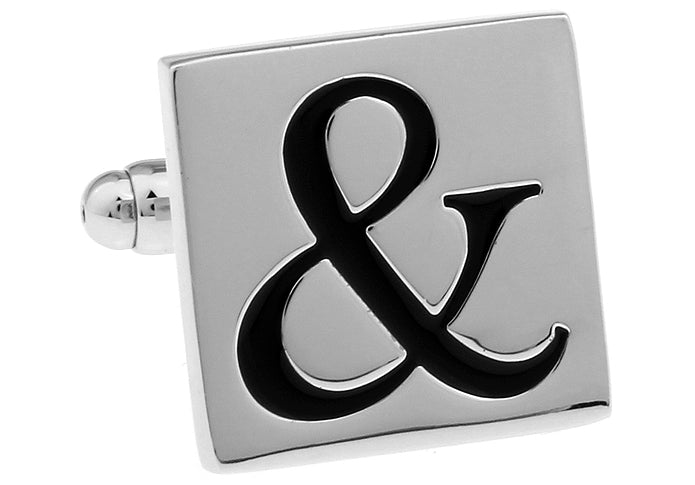 JayPins Ampersand “&” Cufflinks – square silver cufflinks with a bold black ampersand symbol, representing unity and style, displayed on a white background for men’s formal fashion.