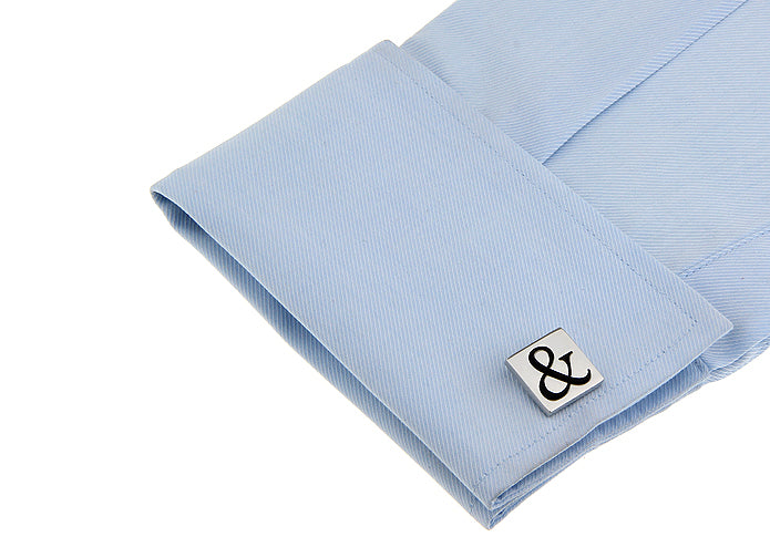 JayPins Ampersand “&” Cufflinks – square silver cufflinks with a bold black ampersand symbol, representing unity and style, displayed on a white background for men’s formal fashion.
