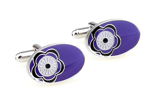 JayPins Purple Bloom cufflinks featuring a silver oval frame with a bold purple enamel flower design, displayed on a clean white background for a modern and elegant look.