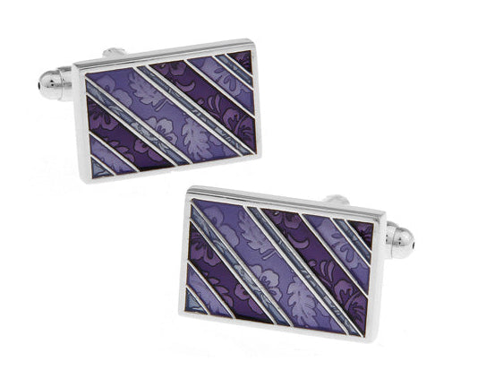 Close-up of JayPins rectangular silver cufflinks featuring purple enamel floral and diagonal stripe pattern, designed for modern and elegant men’s formalwear.