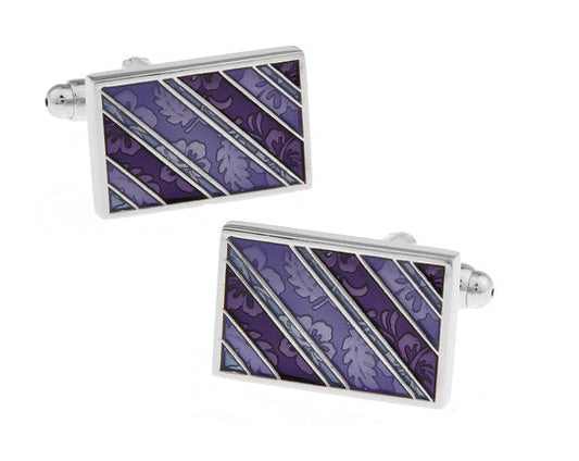 Close-up of JayPins rectangular silver cufflinks featuring purple enamel floral and diagonal stripe pattern, designed for modern and elegant men’s formalwear.