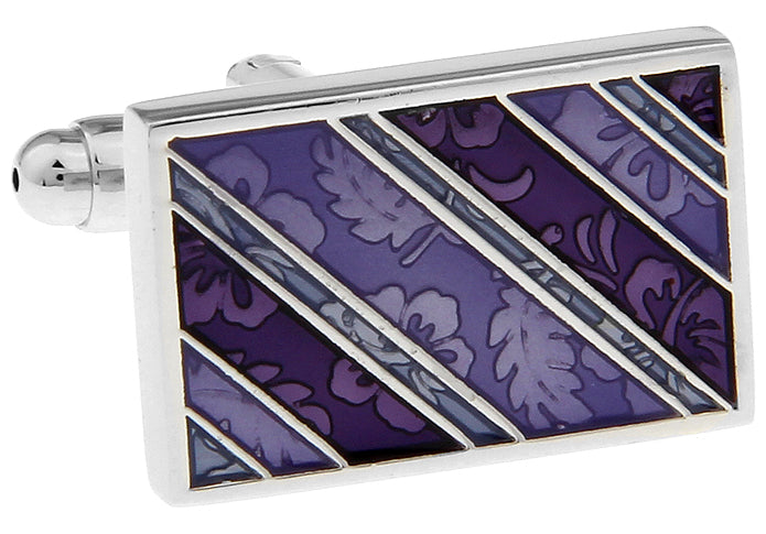 Close-up of JayPins rectangular silver cufflinks featuring purple enamel floral and diagonal stripe pattern, designed for modern and elegant men’s formalwear.