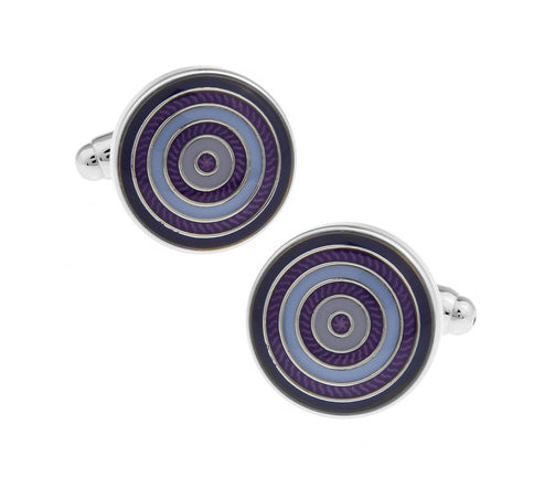 A pair of JayPins Purple Concentric Circle Cufflinks with silver-tone borders and deep purple enamel rings, featuring a sleek, modern geometric design perfect for formal and stylish wear.