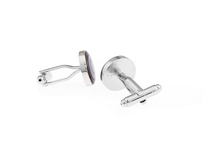 A pair of JayPins Purple Concentric Circle Cufflinks with silver-tone borders and deep purple enamel rings, featuring a sleek, modern geometric design perfect for formal and stylish wear.