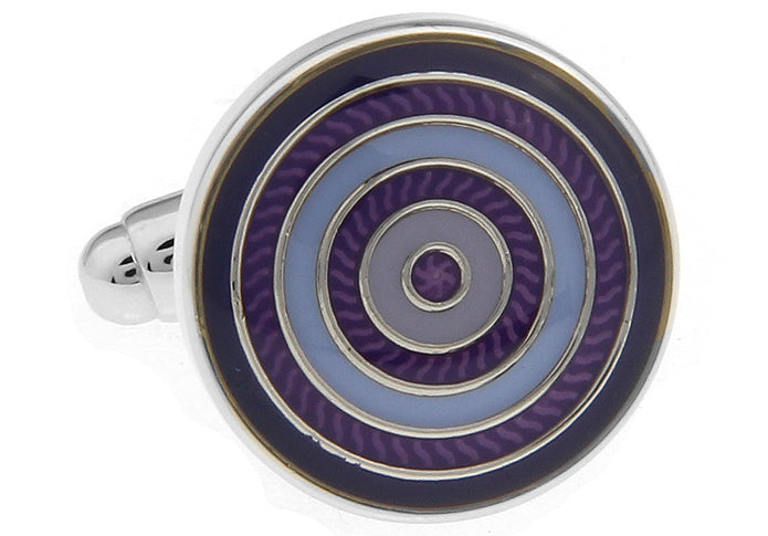 A pair of JayPins Purple Concentric Circle Cufflinks with silver-tone borders and deep purple enamel rings, featuring a sleek, modern geometric design perfect for formal and stylish wear.