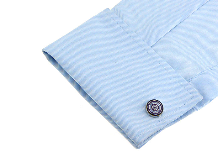 A pair of JayPins Purple Concentric Circle Cufflinks with silver-tone borders and deep purple enamel rings, featuring a sleek, modern geometric design perfect for formal and stylish wear.