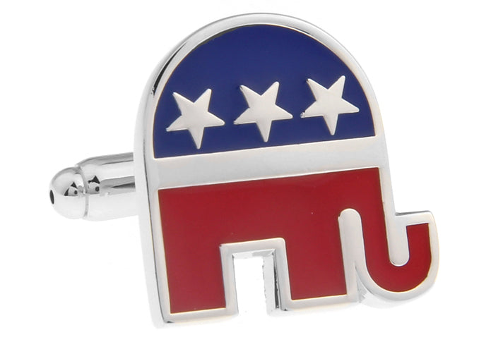 Cufflinks shaped like the Republican Party elephant with stars on a white background
